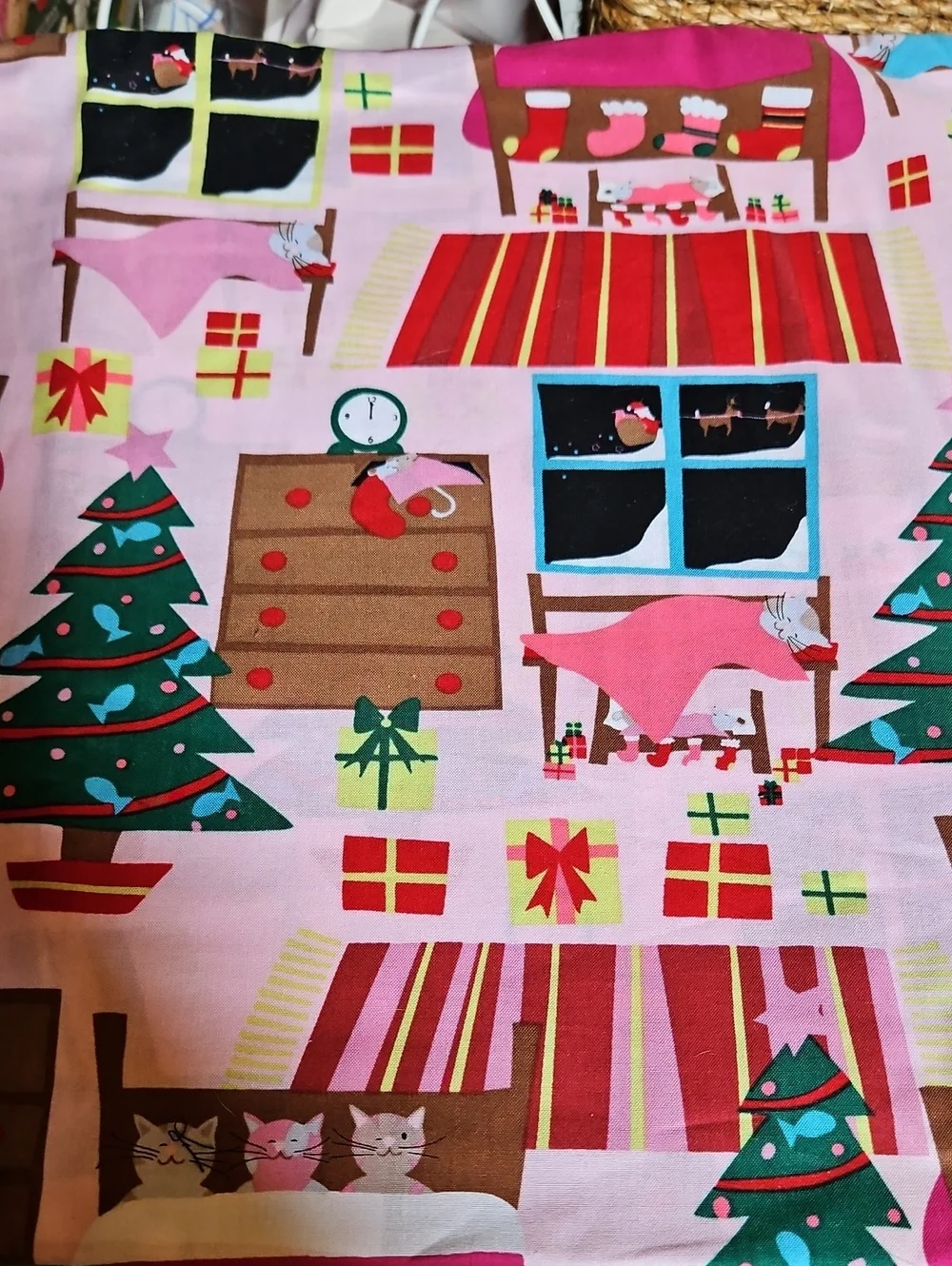 Vintage Holiday Home Cotton Fabric - Pink Christmas Tree & Gifts Print 2.5 Yards